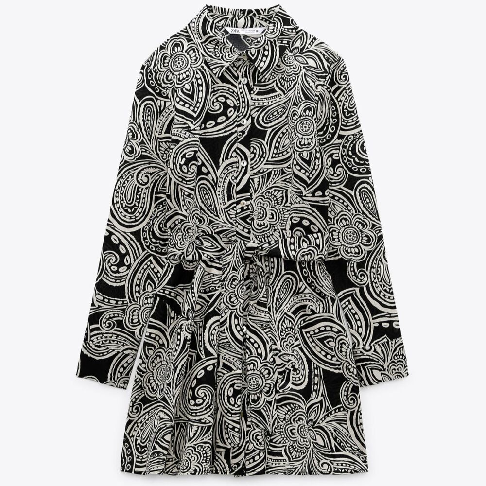 Zara black and white printed belted dress